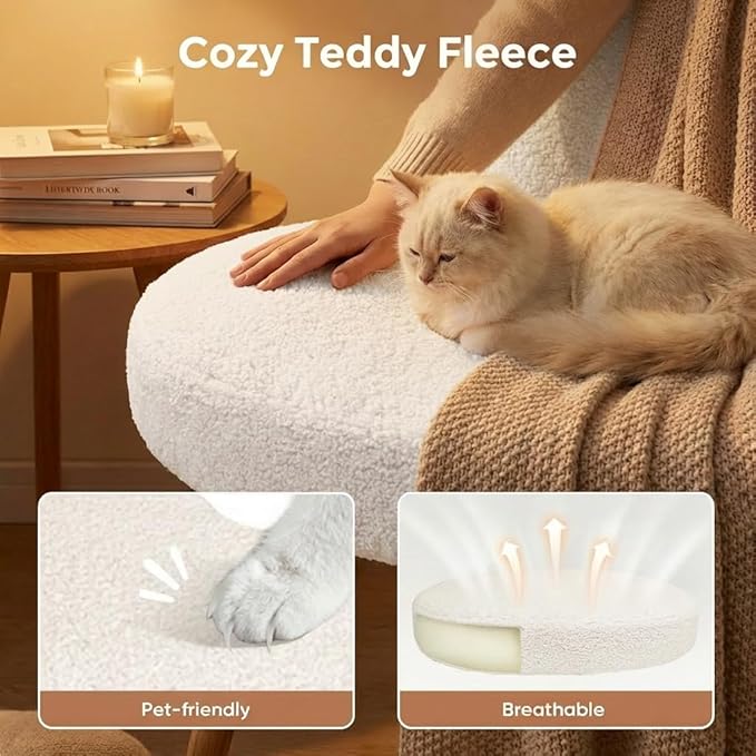 Pinmoco White Teddy Cross Leg Chair – Plush Cozy Meditation Chair, Home Office Desk Seat with Wheels, Modern Scandinavian Style, Comfortable & Soft for Adults