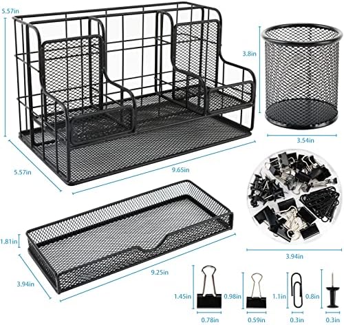 Desk Organizers Caddy and Accessories with 7 Compartments + Pen Holder / 72 Clips Set, Drawer, Black Mesh Office Supplies Desktop Organizer for Home, Office Ect