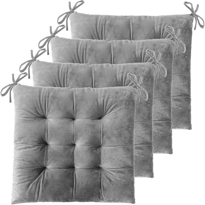 ELFJOY 4 Pack Chair Cushions for Dining Chairs Chair Pads Cushion for Kitchen Office Tufted Square Seat Cushion with Ties (16" Grey Velvet)