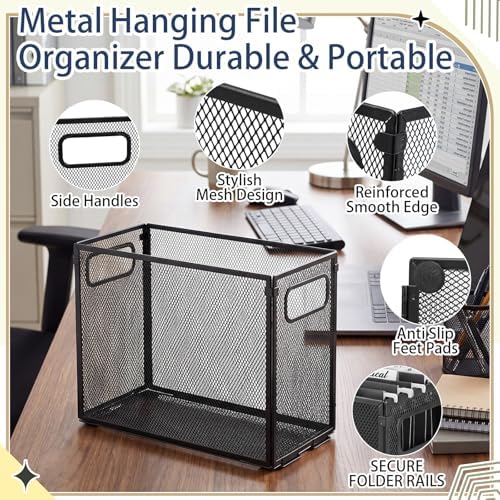 Zhengmy 3 Pcs Hanging File Organizer Letter Size File Holder Metal Mesh Filing Box Desktop Folder Letter Storage Cabinets Magazine Holder with Handles for Home Office School Document (Black)