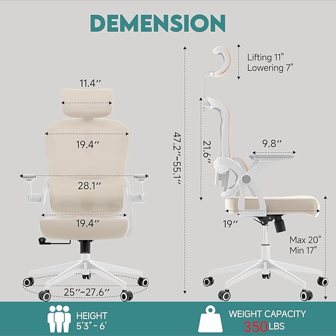 350 LBS Ergonomic Office Computer Mesh Chair - Adjustable Height Rolling Desk Chair with Flip-Up Armrests & High Back Support - Comfortable Swivel Task Chair for Home Office (01KHAKI)