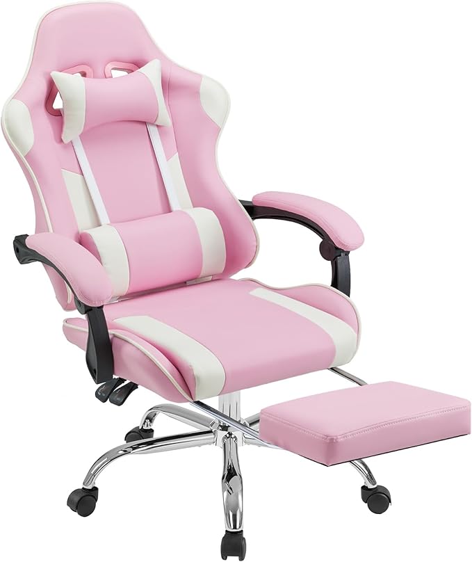 DUMOS Gaming Office Desk Chair with Footrest and Headrest for Adults, PU Leather Ergonomic Video Computer Chair with Linkage Armrests, Height Adjustable 360° Swivel Recling Chair, New Pink