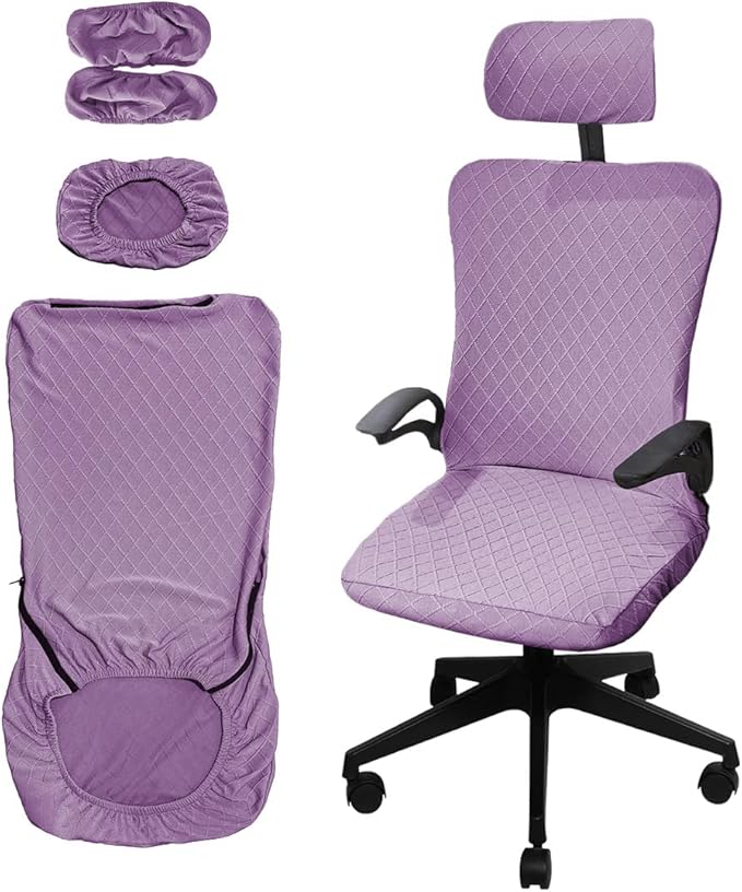 Ergonomic Office Chair Covers Set with Headrest Cover Stretch Desk Computer Chair and Headrest Slipcovers Washable Protector Slipcovers for Swivel Computer Chair 4 Pieces Purple