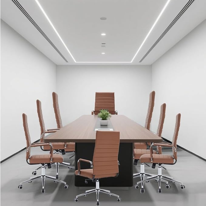 Brown Leather Ribbed Office Desk Chair, Ergonomic High-Back Executive Conference Room Chairs with Wheels, Adjustable Swivel Computer Task Chair with Arms and Thick Padded Seat