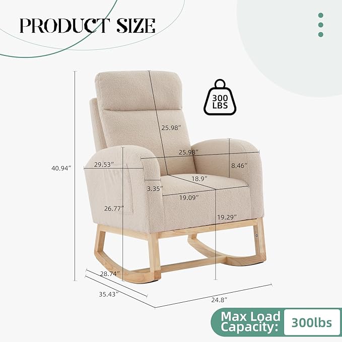 Nursery Rocking Chair, Comfy Modern Glider Rocking Chair with High Backrest and Armrest, Teddy Upholstered Rocking Accent Chair with Side Pockets for Living Room, Bedroom, Office,Beige