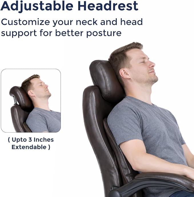 Q-Seat Office Chair with 5-Level Lumbar Adjustment | Recline & Relax Function | Heavy Duty Ergonomic Desk High Back Executive Chair | Flip-up Armrest | Adjustable Headrest | Dark Brown