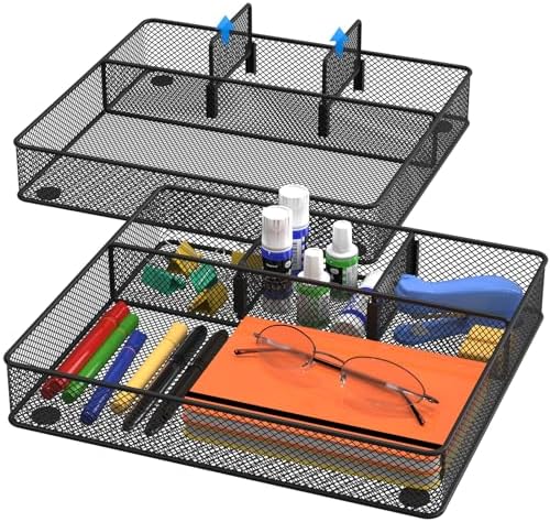 VyGrow Desk Drawer Organizer Tray, Metal Mesh Drawer Organizers Office, 4 Grid with Adjustable Compartment, Desk Organizer Tray for Home Office 12x10.6x1.9 inch Black, 2 Pack