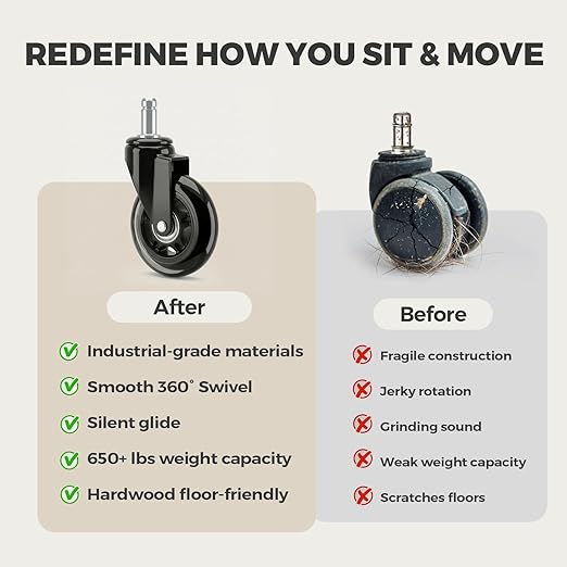 3 Inch Office Chair Wheels, Smooth & Safe Rolling, Safe for All Floors Include Hardwood Floors & Carpet, Universal Stem 7/16 inch x 7/8 inch, Not for 1KEA Chairs, Easy to Install, Set of 5, Black