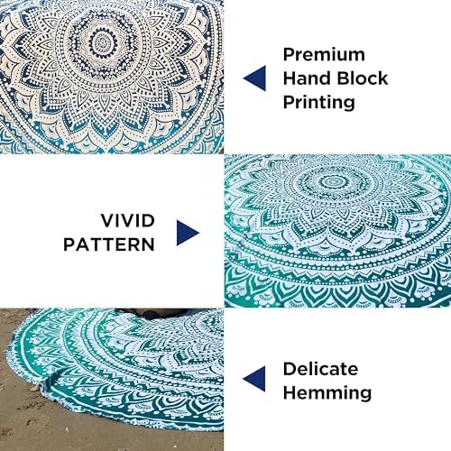 raajsee Aqua Blue Round Beach Tapestry Hippie/Boho Beach Blanket Mandala/Indian Cotton Throw - Round Tablecloth/Home Decor/Indie Rug Yoga Mat Meditation Picnic Rugs 178 CM / 70 INCHE Circle