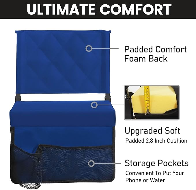 Sheenive Stadium Seats for Bleachers with Back Support, Bleacher Seats with Backs and Cushion Wide, Padded Portable Folding Comfort Stadium Chair with Shoulder Strap, Blue, 2 Pack