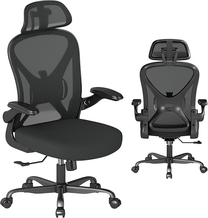 Ergonomic Mesh Office Chair, Home Computer Chair with Flip-Up Armrests, Adjustable Lumbar Support and Headrest, Height Adjustment, Smooth Casters, and 360° Swivel, 4PC, Black