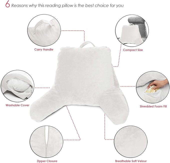 Clara Clark Reading Pillow with Shredded Memory Foam for Sitting Up in Bed and Couch, Back and Arms Adjustable Support for Adults & Teens Backrest Pillows for Reading, with Washable Cover White