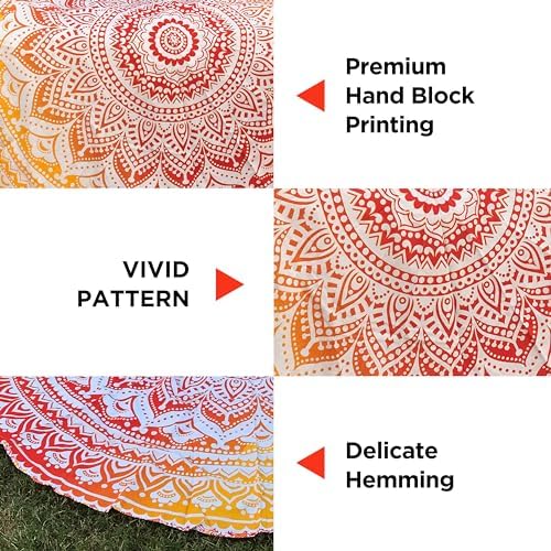 raajsee Orange Round Beach Tapestry Hippie/Boho Beach Blanket Mandala/Indian Cotton Throw - Round Tablecloth/Home Decor/Indie Rug Yoga Mat Meditation Picnic Rugs 127 CM / 50 INCHE Circle