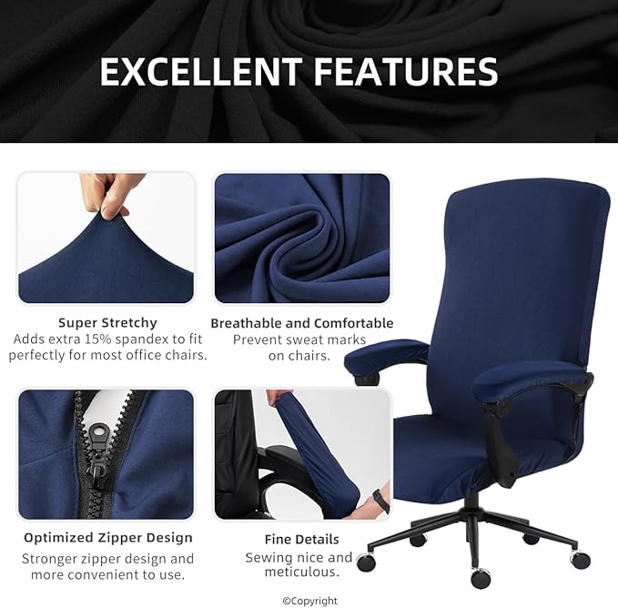 Stretch Computer Office Chair Cover with Armrest Covers Durable Zipper Universal Washable Removable Spandex Rotating Boss Chair Slipcovers Anti-dust Soft Desk Chair Seat Protector, Navy