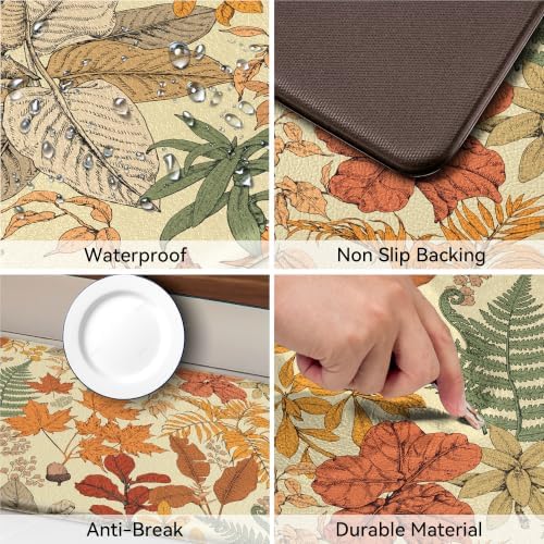 2Pc Botanical Kitchen Rugs Set, Orange Brown 17.3"x28" + 17.3"x47"