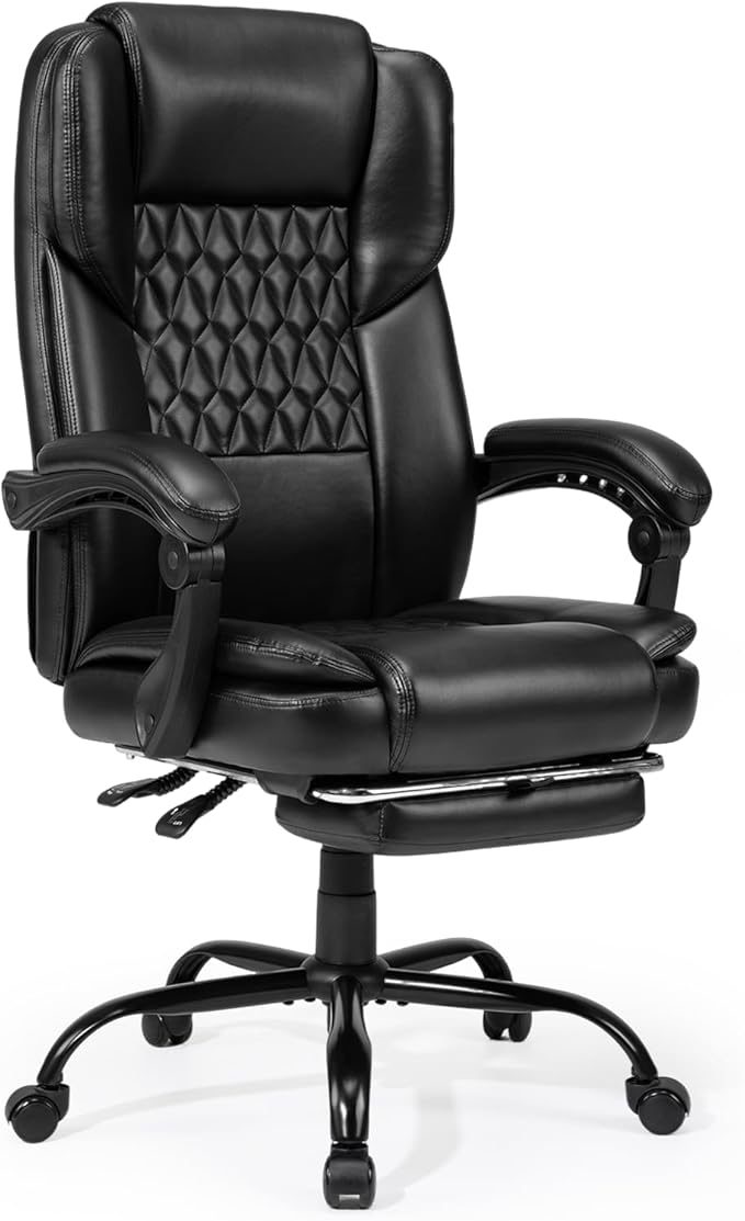 350lbs Big and Tall Executive Office Chair with Footrest, Reclining High Back Leather Desk Chair, Wide Seat with Pocket Spring Lumbar Support and Pillow, Ergonomic Computer Chair for Home Office Black