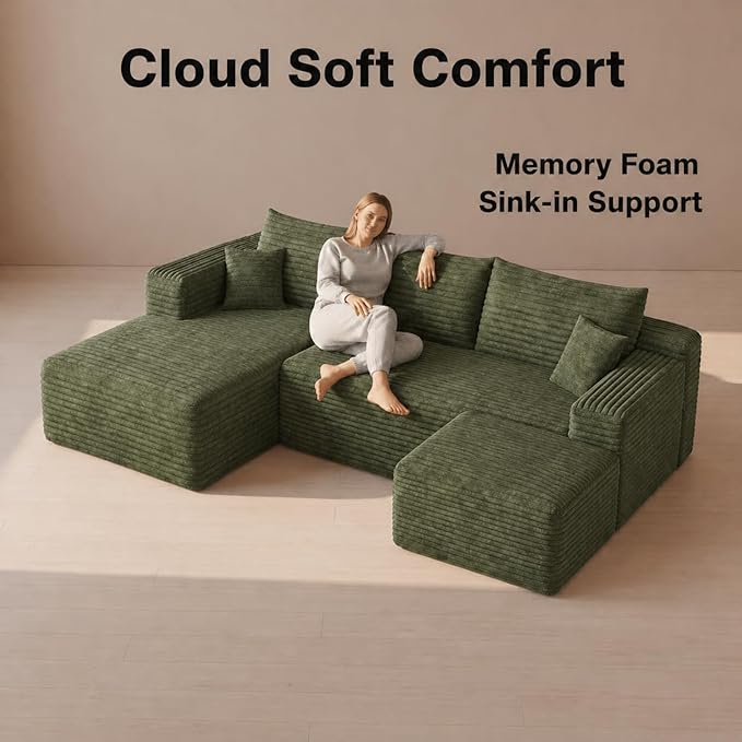 94" Green Fluffy Couch with Ottoman for Living Room, Corduroy No Bones Sectional Couch,Compressed Memory Foam Cloud Sofa,No Assembly Required,Left Facing Chaise,Green