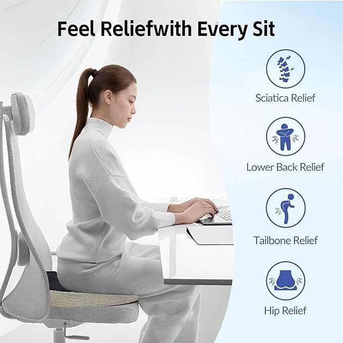 Seat Cushion for Tailbone Pain Relief, Memory Foam Coccyx Cushion for Office Chair & Car, Ergonomic Chair Pad with Non-Slip Cover & Handle, Sciatica Relief for Gaming Chair (Black)