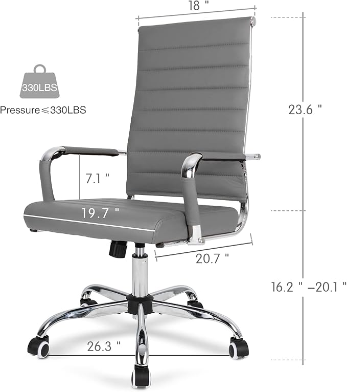 Home Office Chair Ribbed, Modern Leather Conference Room Chairs,Ergonomic Office Desk Chair, High Back Computer Chair, Adjustable Swivel Chair with Arms (Grey)