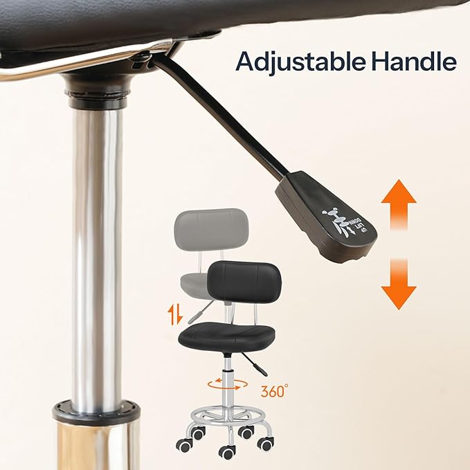 HOOBRO Height Adjustable Rolling Stool, 360° Swivel Drafting Chair with Backrest, Office Desk Chair PU Leather for Salon Barber, Shop Bar, Black and Silver SB36BY01