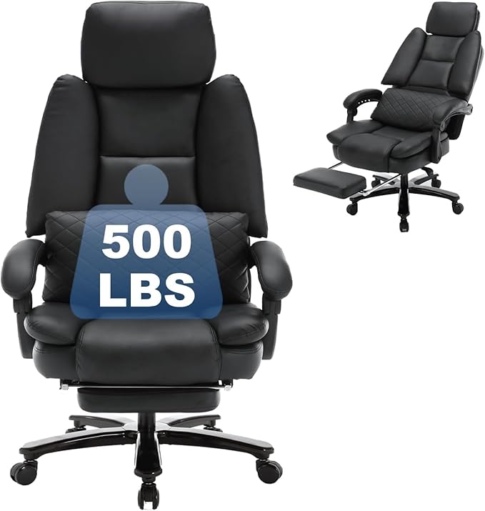 500lbs Plus Size Office Chair with Foot Rest, PU Leather Big and Tall Heavy Duty Reclining Office Desk Chair with Lumbar Support, Black