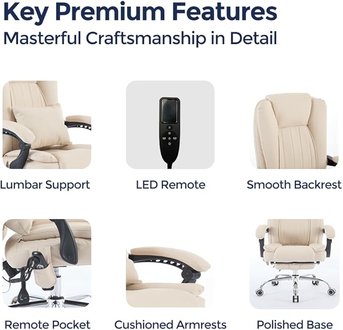 Orbis 4-Point Kneading Heated Massage Office Chair with Foot Rest | 500lbs Big & Tall Ergonomic Executive Desk Chair for Heavy People | Reclining Home Office Computer Chair | Leather Beige