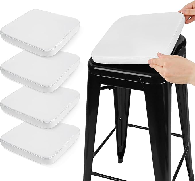 SINOSSO Modern Faux Leather Bar Stool Cushions 4 Pack, Leathaire Magnetic Small Chair Pads for Cafe Bistro Stackable Metal Stools (Square, White, 4)