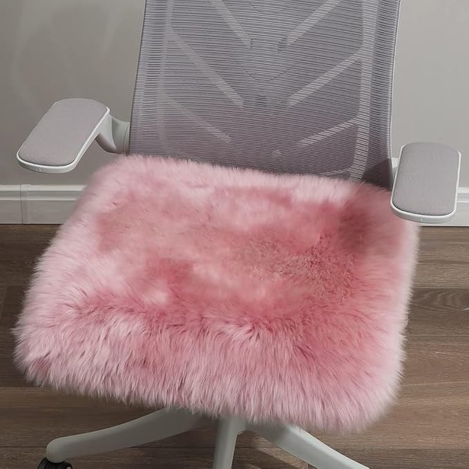 LLB Sheepskin Chair Covers Office Chair Cushion Dining Room Chair Pads Desk Chair Seat Cushion for Computer Fur Area Rugs for Living Room 18x18 Inch (Pack of 1), Light Pink