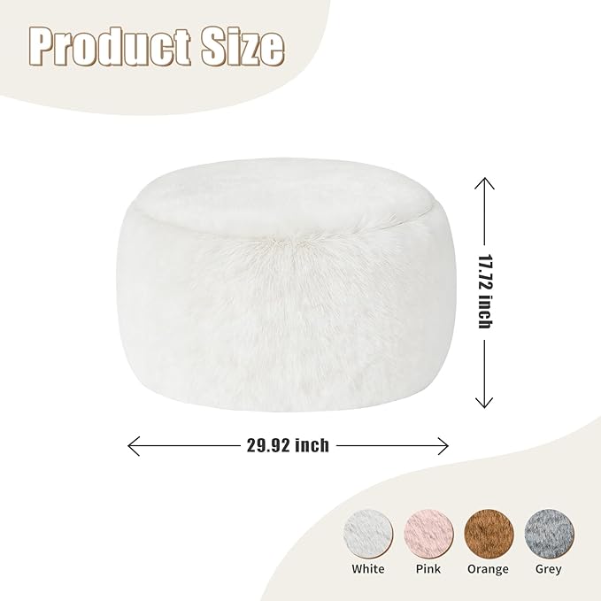 Gericco Round Pouf Ottoman Foot Rest, 29 X 18Inch Floor Poufs Footstool, A Round Modern Foam Filled Foot Stool for Living Room, Home, Nursery, Dorm (White, 29Inch)