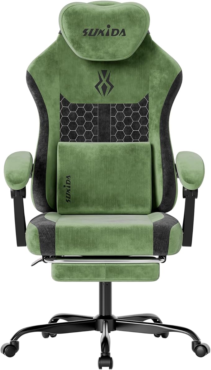 SUKIDA Fabric Video Gaming Chair, Ergonomic High-Back Computer Game Chairs with Large Massage Adjustable Lumbar Support, Headrest and Linked Armrests for Long Hours Sitting Task Chair, Green