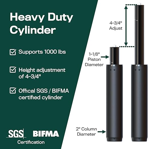 Office Chair Cylinder Replacement (As Seen On PBS) - Heavy Duty Pneumatic Gas Lift Piston for Desk Chairs and Gaming Chairs - Universal Fit
