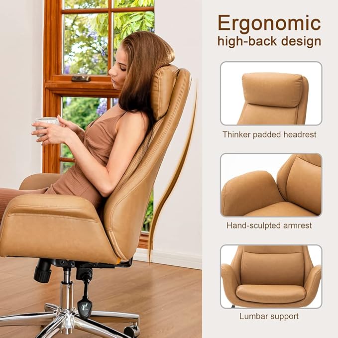 Glitzhome Adjustable High-Back Office Chair Executive Swivel Chair PU Leather Desk Chair, Camel