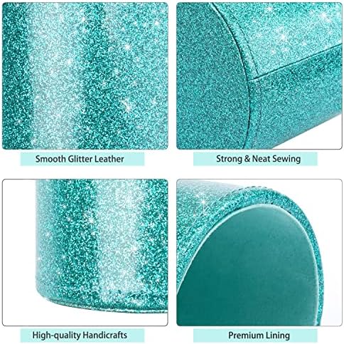 Glitter Pen Holder Pencil Organizer, Cute Pencil Cup Desk Decor, Decorative Makeup Brush Holder Large, Leather Multi-Functional Organizer Cup for Office, Home, Classroom, Blue+Green