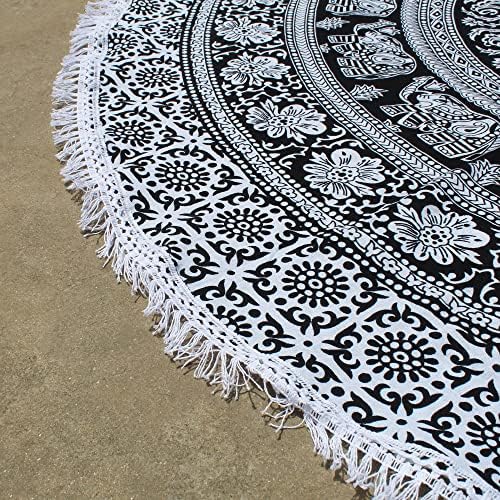 Round Beach Tapestry Turquoise Mandala Throw/Boho Hippie Beach Blanket Roundie/Indian Cotton Bohemian Large Round Table Cloth-Home Decor/Yoga Mat Meditation Picnic Rug (42", Black And WHite)