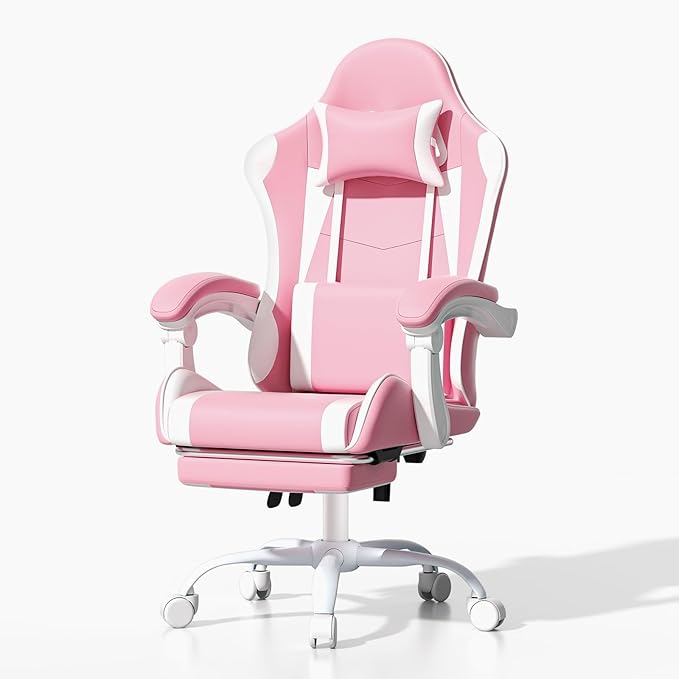 Athena Collection Gaming Chair, Ergonomic Gaming Chair with Footrest & Headrest Lumbar Support, Height Adjustable Swivel Computer Chair Office Chair for Kids Adults(Pink)