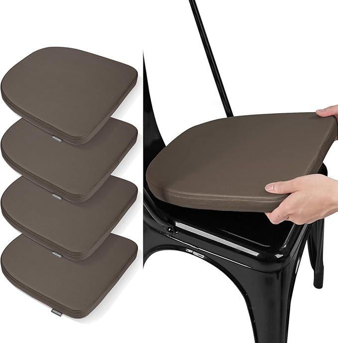 SINOSSO Modern Faux Leather 14" Metal Chair Cushions Set of 4, Leathaire Magnetic Chair Pads for Dining Kitchen Cafe Bistro Stackable Chairs (U-Shape, Brown, 4)