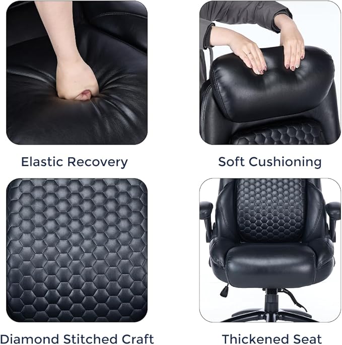 Q-Seat Office Chair with 5-Level Lumbar Adjustment | Recline & Relax Function | Heavy Duty Ergonomic Desk High Back Executive Chair | Flip-up Armrest | Adjustable Headrest | Leather Black
