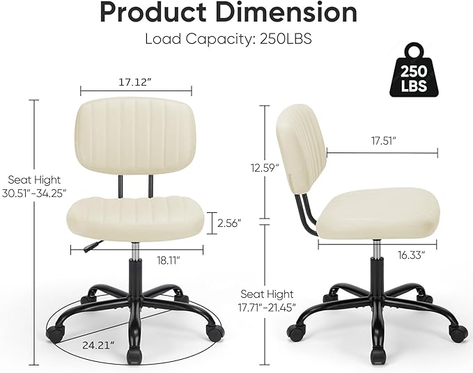 DUMOS Armless Home Office Executive Chair - Small Desk Chair with Low Back Lumbar Support, Height Adjustable PU Leather Computer Task Chair with 360° Swivel Wheels, for Adults, Beige
