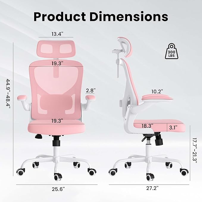 Ergonomic Mesh Office Chairs with Lumbar Support and Adjustable Headrest, High Back Comfortable Computer Desk Chair with Wheels and Armrests, Home Office Rolling Gaming Chair, Max Load 350 lbs (Pink)