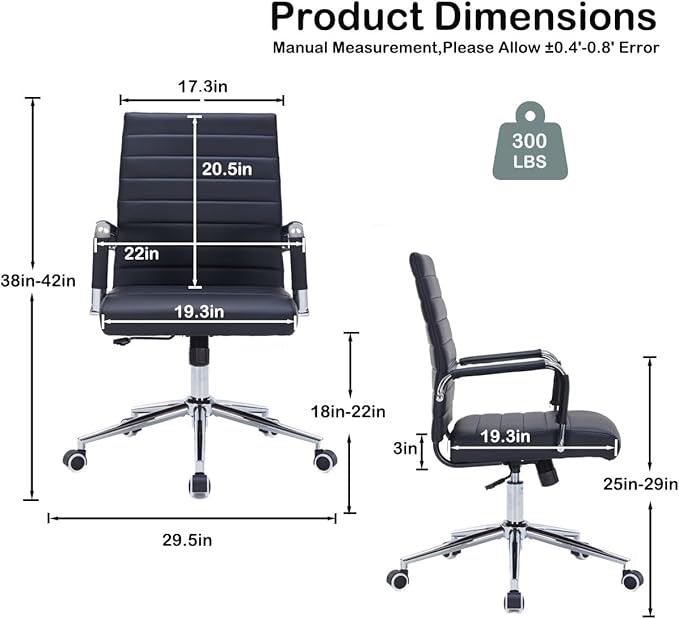 Black Modern Mid Back Office Desk Chair, PU Leather Ribbed Ergonomic Executive Conference Chair with Wheels, Adjustable Swivel Task Chair with Arms