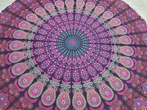 Round Beach Tapestry Turquoise Mandala Throw/Boho Hippie Beach Blanket Roundie/Indian Cotton Bohemian Large Round Table Cloth-Home Decor/Yoga Mat Meditation Picnic Rug (42", White And Pink)
