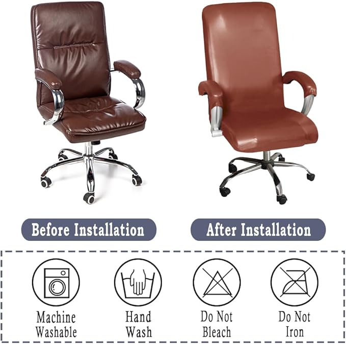 ITFRO Waterproof Office Chair Cover with Armrest Covers Camel PU Leather Computer Desk Chair Cover with Zipper Universal Rotating Gaming Chair Slipcover High Back Chair Seat Protector (Camel)