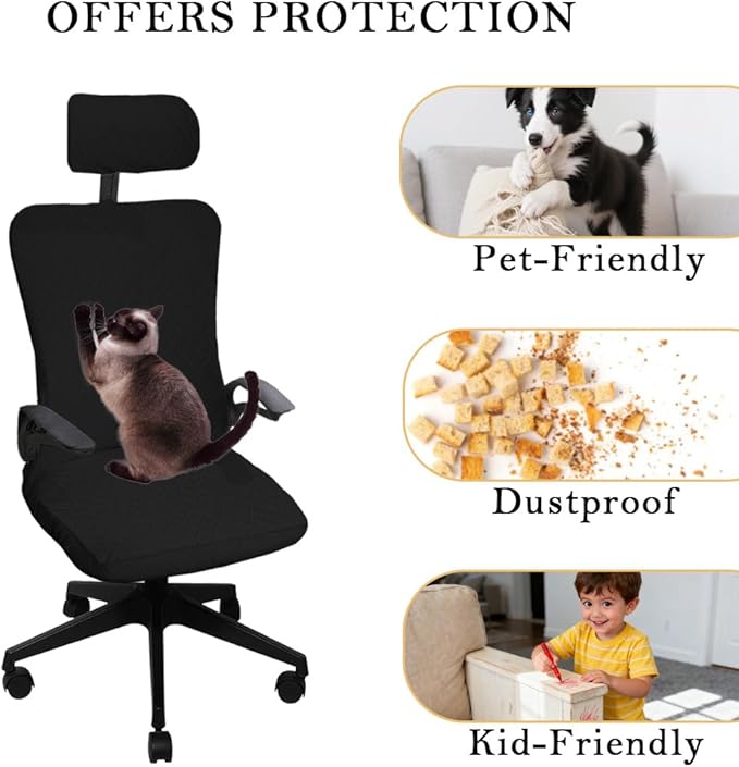 Ergonomic Office Chair Covers Set with Headrest Cover Stretch Desk Computer Chair and Headrest Slipcovers Washable Protector Slipcovers for Swivel Computer Chair 4 Pieces Black