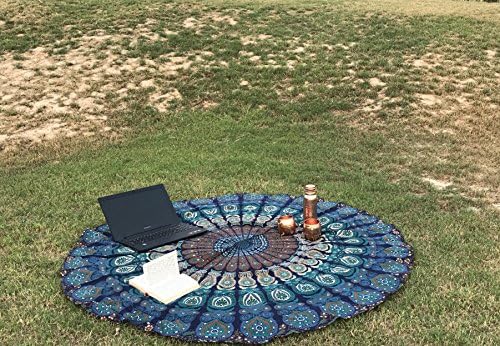 Raajsee Round Beach Tapestry Turquoise Mandala Throw/Boho Hippie Beach Blanket Roundie/Indian Cotton Bohemian Large Round Table Cloth-Home Decor/Yoga Mat Meditation Picnic Rug 69 inch