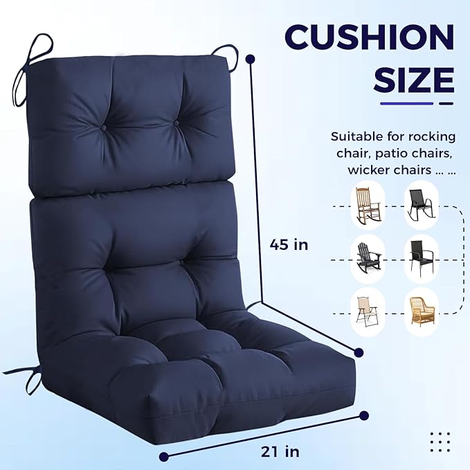 Waterproof Adirondack Chair Cushion, Outdoor Chair Cushions High Back Patio Seat Pad with Ties, All Weather Outdoor Furniture Cushion 45x21 Inch Navy Blue