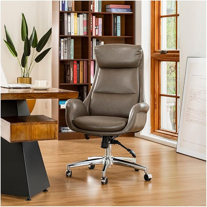 Glitzhome Mid-Century Modern Leatherette Adjustable Swivel High Back Office Chair Brownish Grey