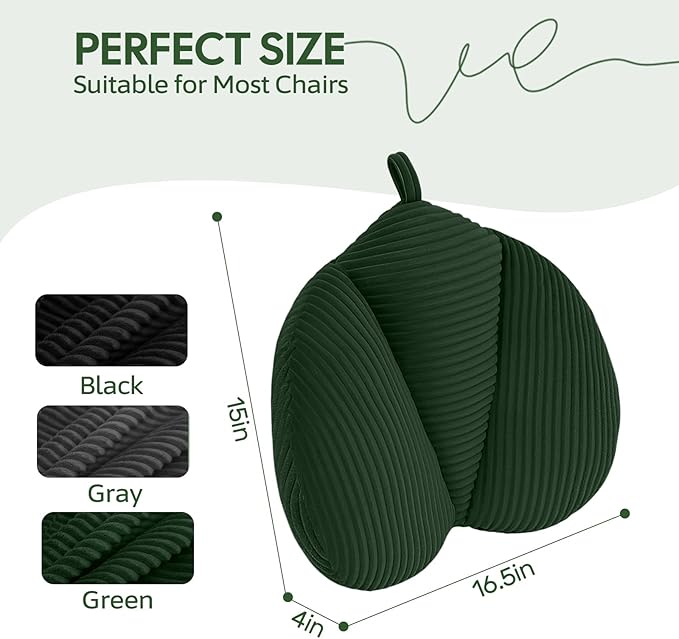 Lumbar Support Pillow for Couch, Back Support Pillow for Office Chair, Heart-Shape Back Cushion with Shredded Foam for Back Pain Relief & Reading, Lumbar Cushions for Recliner, Car, Green