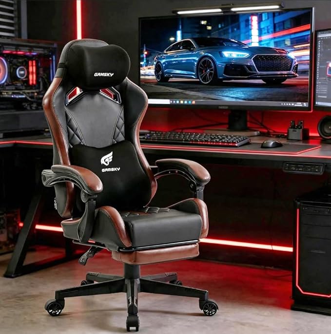 Ergonomic Gaming Chair for Adults with Footrest - PU Leather Computer Gamer Chair with Memory Foam Headrest & Lumbar Pillow, Reclining Silla Gamer Video Game Chair for Home Office, Black & Brown