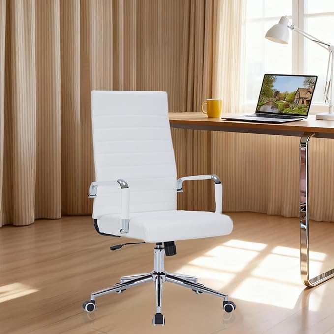 White Leather Ribbed Office Desk Chair, Ergonomic High-Back Executive Conference Room Chairs with Wheels, Adjustable Swivel Computer Task Chair with Arms and Thick Padded Seat