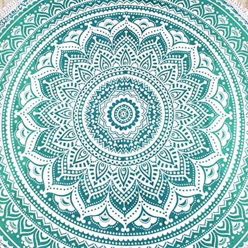Round Beach Tapestry Turquoise Mandala Throw/Boho Hippie Beach Blanket Roundie/Indian Cotton Bohemian Large Round Table Cloth-Home Decor/Yoga Mat Meditation Picnic Rug (42", Green and White)